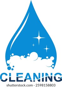 Blue water drop and white bubbles, symbol for cleaning