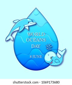 Blue water drop witn wale and dolphin.World ocean day.Vector illustration.