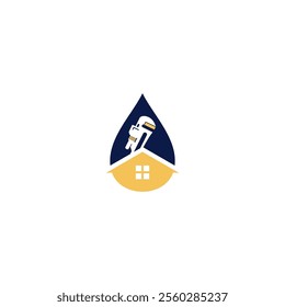 A blue water drop with a wrench inside, symbolizing plumbing services, sits on top of a yellow house icon