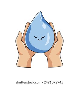 A blue water droplet is being held by two hands. The image conveys the importance of water and the need to conserve it