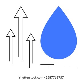 Blue water droplet beside multiple upward arrows symbolizing growth, progress, and environmental consciousness. Ideal for water conservation, environmental campaigns, sustainability projects, growth