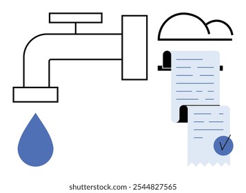 Una gota de agua azul cae de un grifo junto a un Comprobante de papel bajo un símbolo de nube. Ideal para la conservación del agua, facturación de servicios públicos, gestión de recursos, sostenibilidad, conciencia ambiental