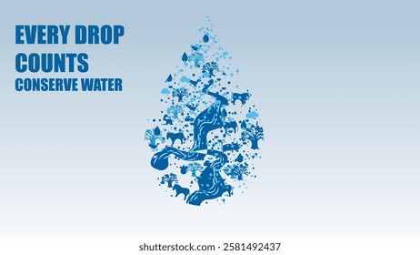 A blue water droplet formed by various water-related symbols, emphasizing the importance of water conservation with the message "Every Drop Counts." A call to action to save water.