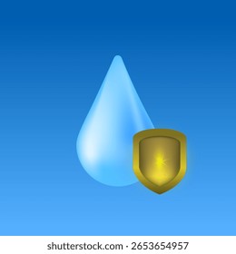 Gota de água azul com escudo dourado — ícone de proteção de vetor limpo mínimo no fundo azul