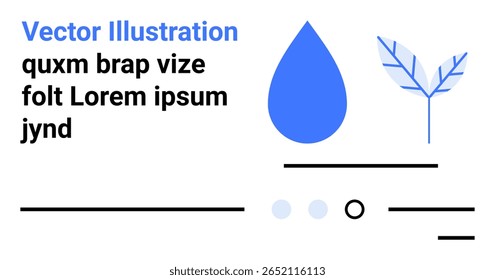 Gota de água azul, folha com linhas ramificadas, elementos de texto, linhas horizontais, círculos. Ideal para design minimalista, temas ecológicos, conservação da natureza, design limpo, layout da web, simples