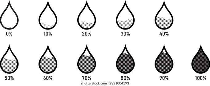 Blue Water droplet Level Gradient Chart Bars Template. 10% to 100% percent number text. Flat Design Interface Illustration infochart infographic elements for ads app ui ux web banner vector	
