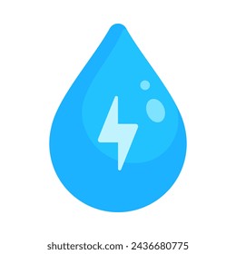 A blue water droplet with a white lightning bolt in flat vector illustration style, representing the concepts of ecology and renewable hydropower energy