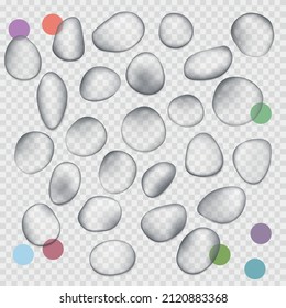 Blue water droplets. Water drops isolated. Vector illustration. Air bubbles, dynamic aqua motion, realistic misted glass, rain on window, wet surface, humid texture, condensation or dew.
