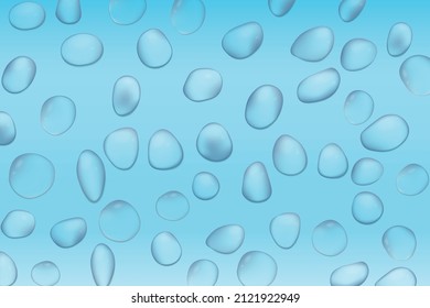 Blue water droplets. Water drops on the color surface. Vector illustration. Air bubbles, dynamic aqua motion, realistic misted glass, rain on window, wet surface, humid texture, condensation or dew.
