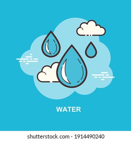 Blue water droplets flat concept design with clouds on blue sky background 
