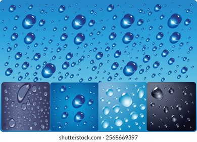 blue water drops background, Realistic dripping drop flow dawn background. Shower dripping condensation steam texture.