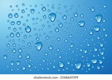 blue water drops background, Realistic dripping drop flow dawn background. Shower dripping condensation steam texture.