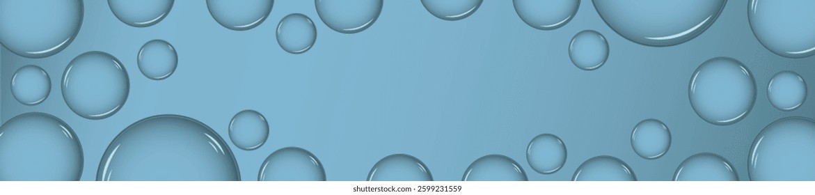 Blue water drops border frame. Fresh liquid border background. Water droplets frame