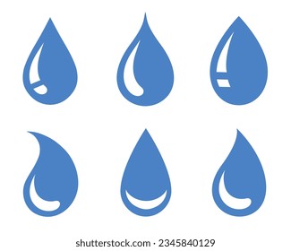 blue water drops, bubble silhouettes and liquid droplet set icons on white