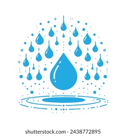 Blue Water Drops Falling Into a Pool Representing Ripple Effect. A stylized illustration depicts a prominent central water drop making an impact on a surface of liquid, surrounded by smaller droplets 