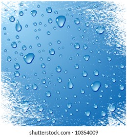 Blue water drops grunge background. Vector illustration.