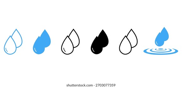 Blaue Wassertropfen Symbolsatz. gefüllt, Umriss, flacher Stil für App-Benutzeroberfläche und Web-Elemente