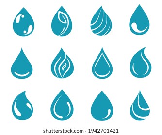 Blue water drops icons set. Droplet logo shapes collection Bundle of flat cartoon vector illustrations isolated on white background.