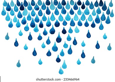 Blue water drops isolated on white background. Watercolor pattern. Vector illustration