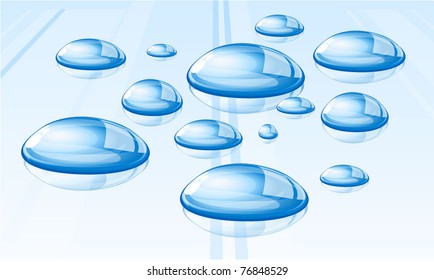 Blue water drops on clear reflecting surface. Vector.