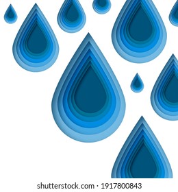 Blue water drops paper cut style on white background.