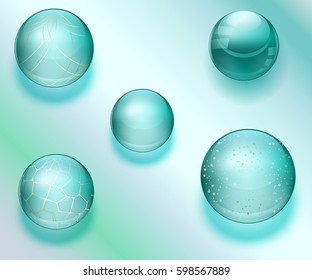Blue water drops and pearls with transparent shining beads with ornament illustration white background