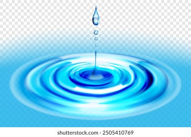 Agua azul con gotas y ondas redondas sobre un fondo transparente. Ilustración vectorial