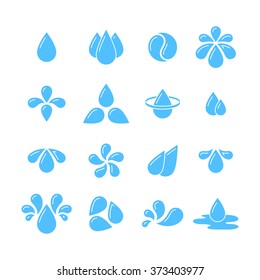Blue water drops set of icons. Different forms. Logo design. Flat style. Isolated on white background. Vector illustration.