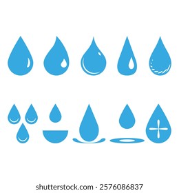 Blue water drops sign. Blue droplet. Drop silhouette logo. Set icons on white background. Water drop shape. Vector illustration.