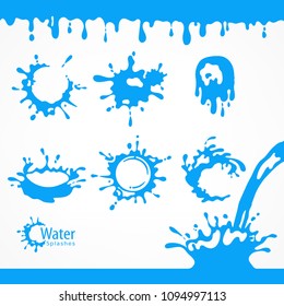 Blue water drops and splash, set of paint dripping liquid drips and flows down water, vector illustration.