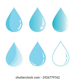 Blue water drops vector icons set isolated on white background. Vector design elements in different styles of water drops. 