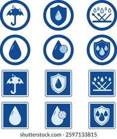 Blue Water and Dust Resistant Labels. Vector Icons for Packaging, Stickers. Material Protective from Water, Sweat and Dust