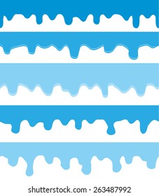 Blue water flowing down, seamless borders set isolated on white background, vector illustration