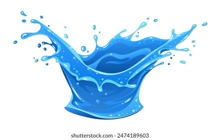 Blue Water fluid splash crown flow with bubbles and drops isolated on white background. Melted pure water cool ice drink for food beverages packaging design. Vector illustration.