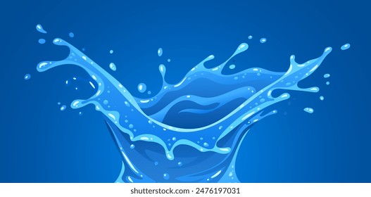 Blue Water fluid splash crown flow with bubbles and drops. Melted pure water cool ice drink for food beverages packaging design. Vector illustration.