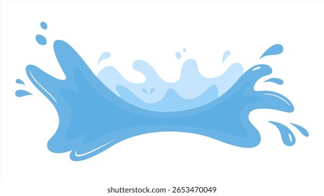 Blue Water fluid splash crown flow with bubbles and drops isolated on white background. Melted pure water cool ice drink for food beverages packaging design. Vector 10 eps.