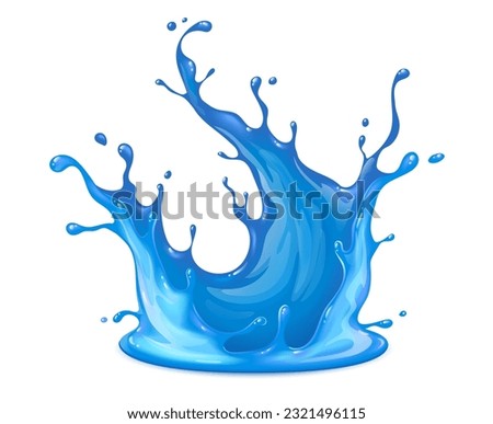 Blue Water fluid splash crown flow with bubbles and drops isolated on white background. Melted pure cool ice drink for food beverages packaging design. Vector illustration