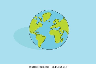 blue water and green continents earth globe with shadow hand drawn illustration isolated blue background,Artistic Globe, Planet Earth, Earth Sketch,Isolated Globe,Earth Drawing for earth day