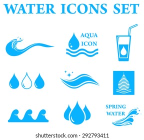 blue water icons set with drop and wave silhouette