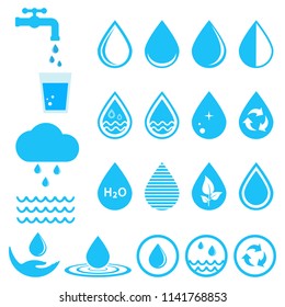 blue water icons set on white background.