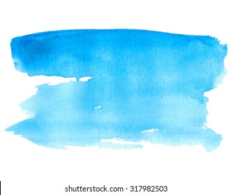 Blue water isolated spot on white background. Watercolor hand drawn blue illustration. Abstract wet brush painted paper texture. Design artistic element for banner, print, template, cover, decoration