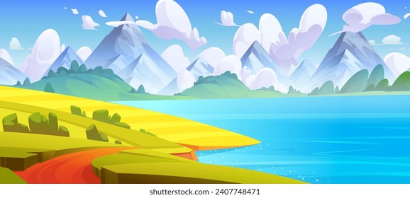 Blue water in lake or river at foot of mountains with green grass and path on shore. Cartoon summer natural landscape with rocky hills on horizon. Pond beach with grassland under blue sky with clouds.