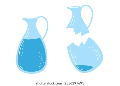 Blue water pitcher filled and broken pitcher side by side illustrating fragility and resilience