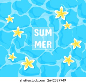 Blue water with plumeria flowers vector background. Shining turquoise rippled water. Pool, summer abstract vector illustration, template. Ripple.
