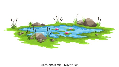 Blue Water Pond With Reeds And Stones Around