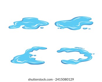 Blue water puddle liquid four vector illustration set collection bundle isolated on horizontal white background. Simple flat cartoon art styled object drawing.