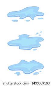 Blue water puddle set. Three various liquid puddles in cartoon style. Vector design element illustration isolated on white background.