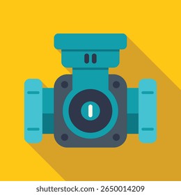 Blue water pump icon with long shadow against yellow background, representing plumbing work