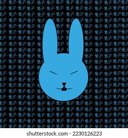 Blue water rabbit on the background of Chinese characters. Symbol 2023 new year by chinese luna calendar. Creative print for greeting card or t-shirt. 兔年 - rabbit year