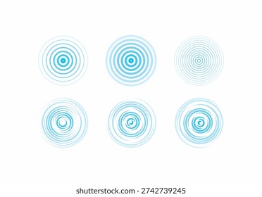 Blue water ripple vector set with concentric circles. Abstract wave icons for liquid drop, sonar, or signal splash isolated on white. High-quality graphic design elements